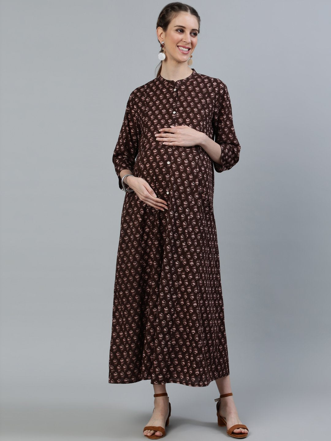 NOZ2TOZ Women Brown Printed Maternity Dress With Three quarter sleeves - Distacart