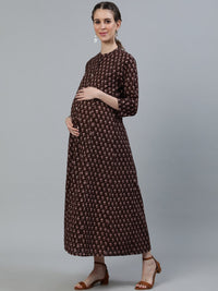 Thumbnail for NOZ2TOZ Women Brown Printed Maternity Dress With Three quarter sleeves - Distacart
