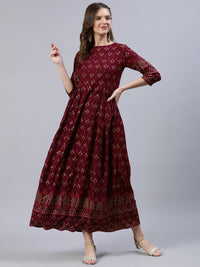 Thumbnail for NOZ2TOZ Women Burgundy Printed Dress With Three Quarter Sleeves - Distacart