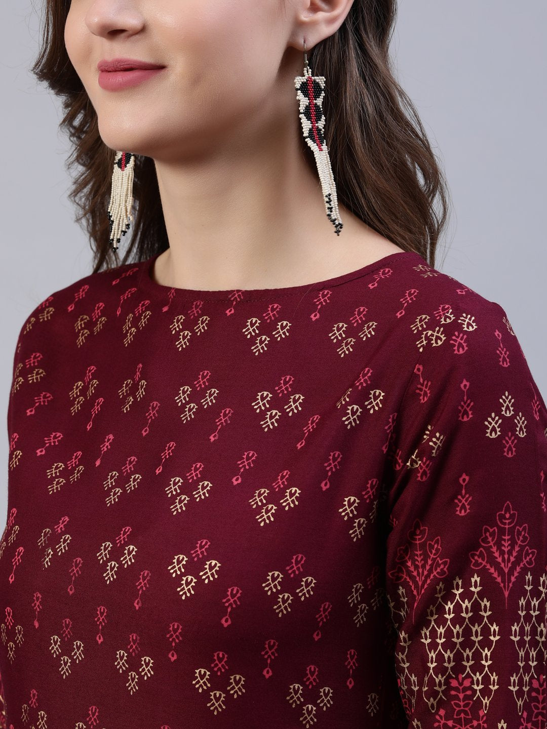 NOZ2TOZ Women Burgundy Printed Dress With Three Quarter Sleeves - Distacart