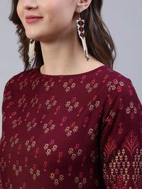 Thumbnail for NOZ2TOZ Women Burgundy Printed Dress With Three Quarter Sleeves - Distacart