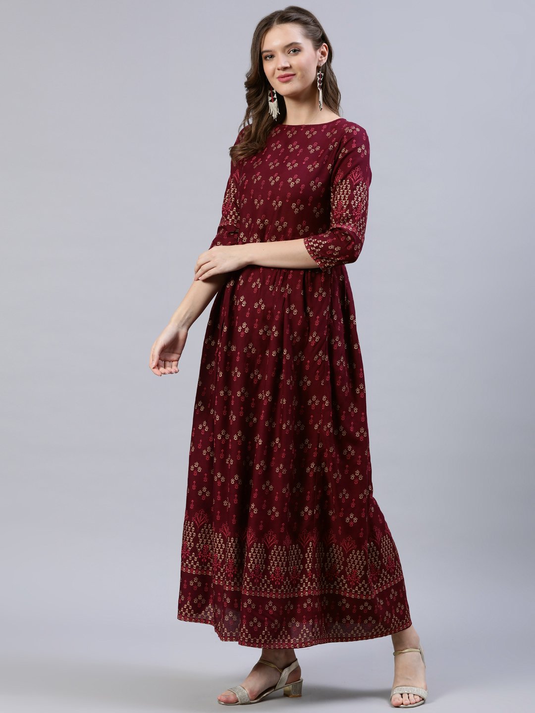NOZ2TOZ Women Burgundy Printed Dress With Three Quarter Sleeves - Distacart