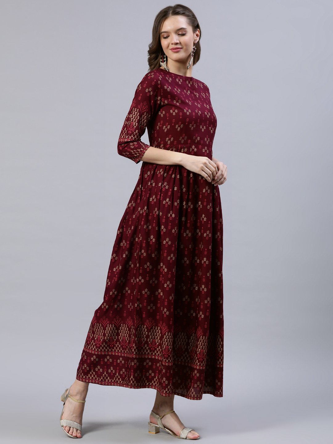 NOZ2TOZ Women Burgundy Printed Dress With Three Quarter Sleeves - Distacart
