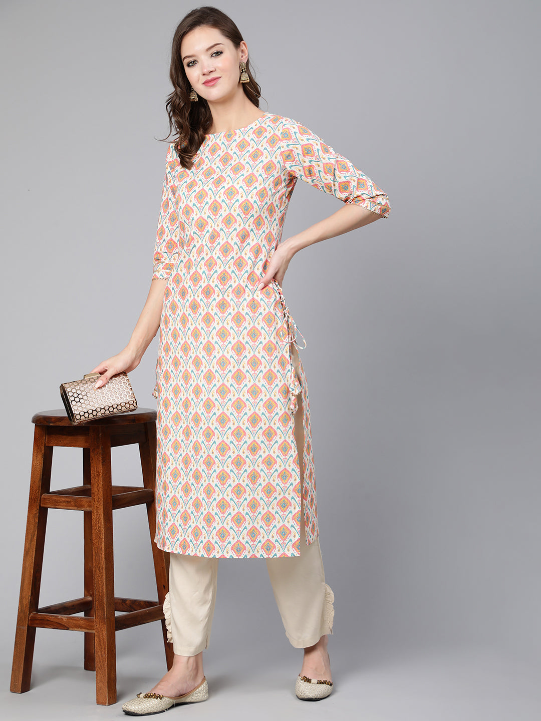 NOZ2TOZ Women Multi Geometric Printed Straight Kurta With Three Quarter Sleeves - Distacart