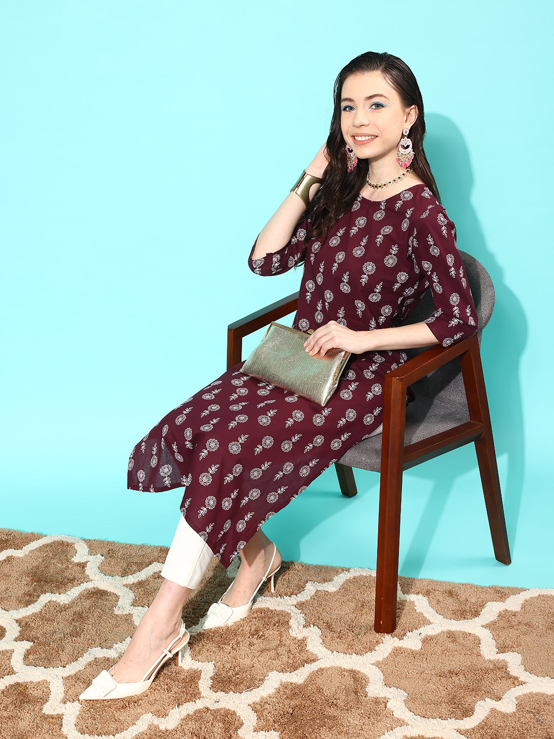 NOZ2TOZ Women Burgundy Ethnic Printed Straight Kurta With Three Quarter Sleeves - Distacart