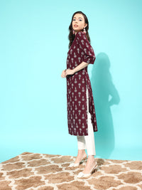 Thumbnail for NOZ2TOZ Women Burgundy Ethnic Printed Straight Kurta With Three Quarter Sleeves - Distacart