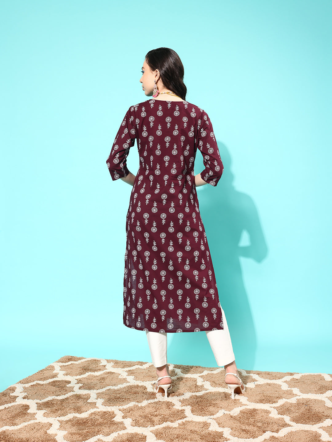 NOZ2TOZ Women Burgundy Ethnic Printed Straight Kurta With Three Quarter Sleeves - Distacart