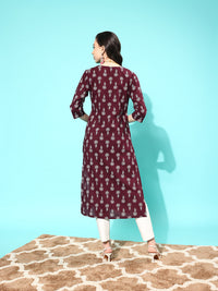 Thumbnail for NOZ2TOZ Women Burgundy Ethnic Printed Straight Kurta With Three Quarter Sleeves - Distacart