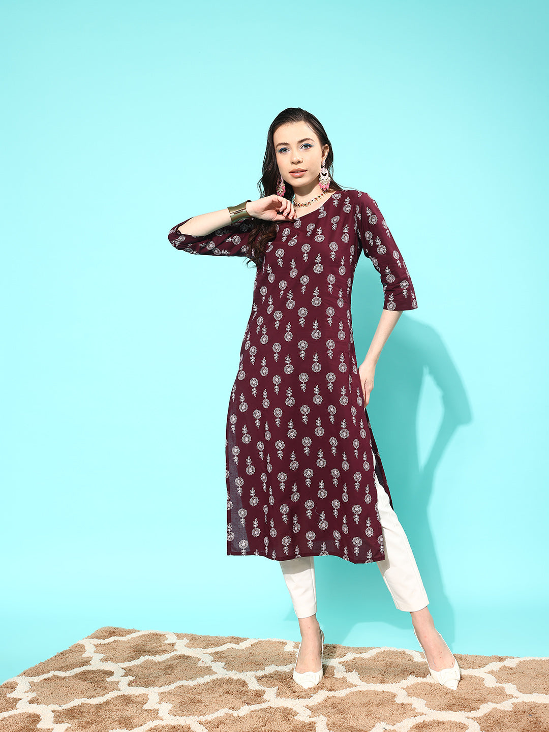 NOZ2TOZ Women Burgundy Ethnic Printed Straight Kurta With Three Quarter Sleeves - Distacart