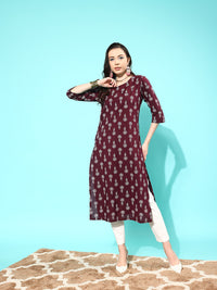 Thumbnail for NOZ2TOZ Women Burgundy Ethnic Printed Straight Kurta With Three Quarter Sleeves - Distacart