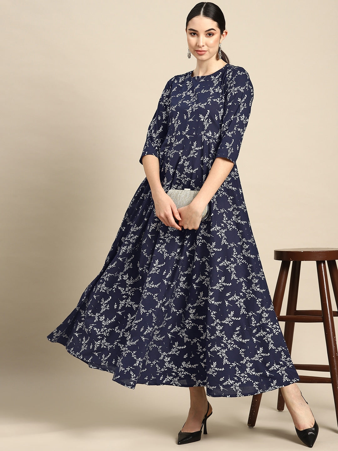 NOZ2TOZ Women Teal Blue Printed Flared Dress With Three Quarter Sleeves - Distacart