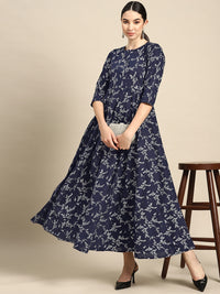 Thumbnail for NOZ2TOZ Women Teal Blue Printed Flared Dress With Three Quarter Sleeves - Distacart