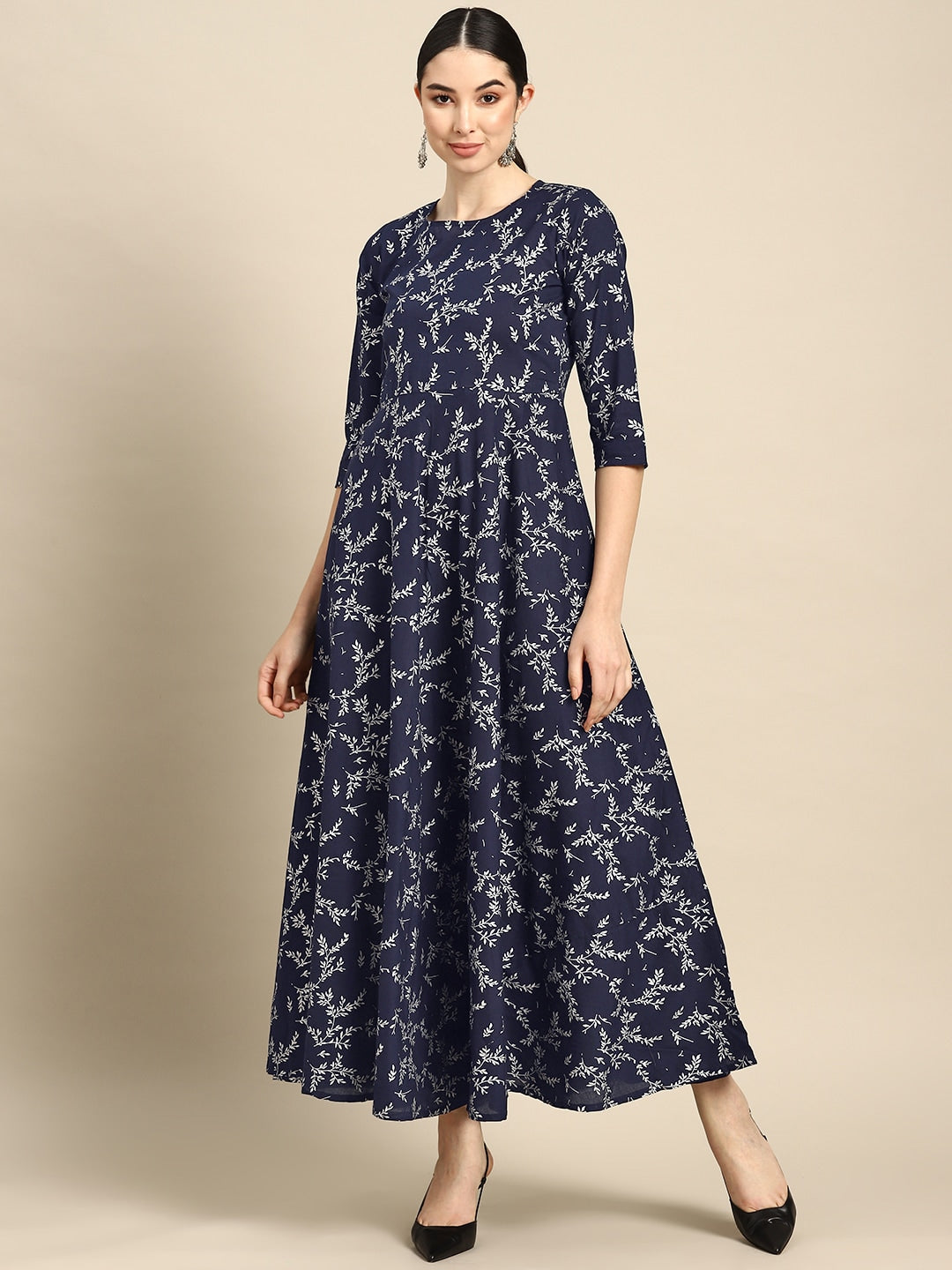 NOZ2TOZ Women Teal Blue Printed Flared Dress With Three Quarter Sleeves - Distacart