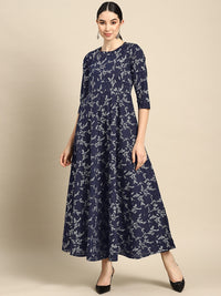 Thumbnail for NOZ2TOZ Women Teal Blue Printed Flared Dress With Three Quarter Sleeves - Distacart