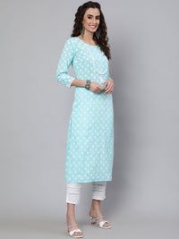 Thumbnail for NOZ2TOZ Women Blue Ethnic Printed Straight Kurta With Three Quarter Sleeves - Distacart