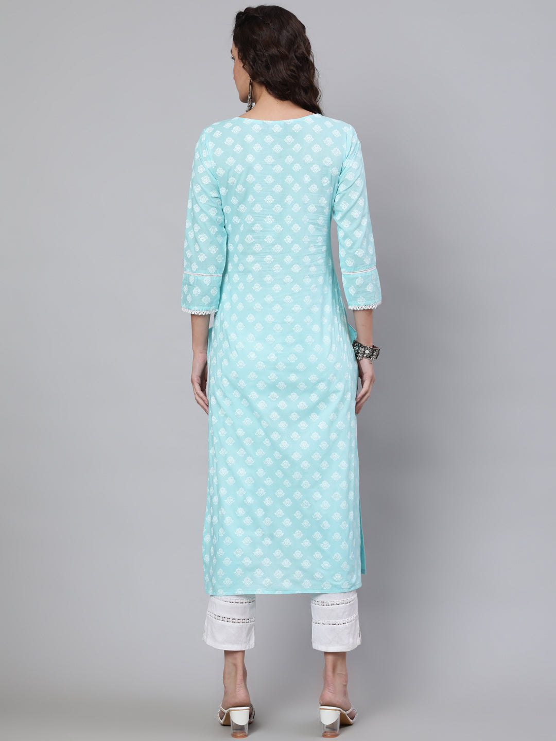 NOZ2TOZ Women Blue Ethnic Printed Straight Kurta With Three Quarter Sleeves - Distacart