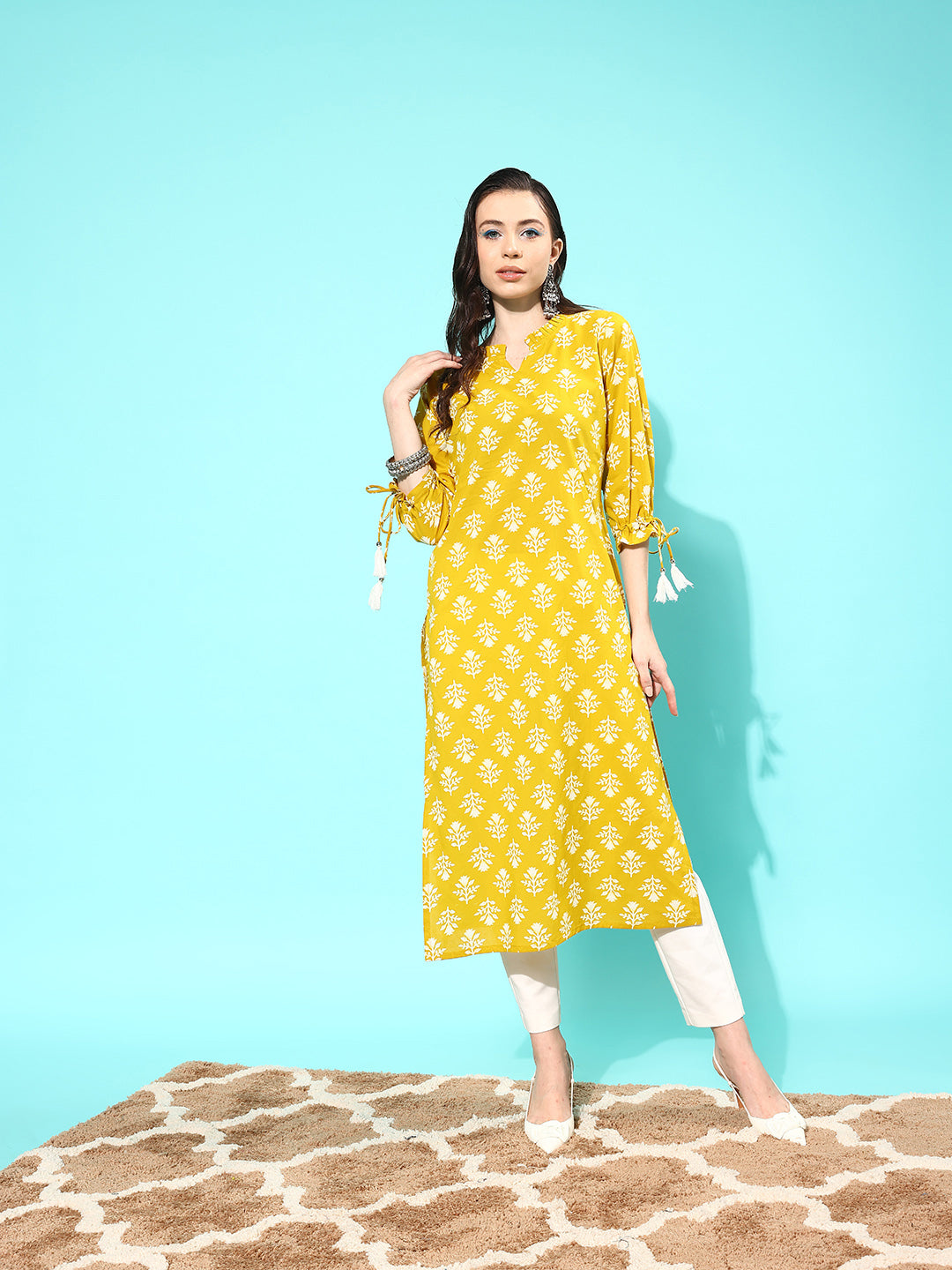 NOZ2TOZ Women Yellow Straight Kurta With Three Quarter Sleeves - Distacart