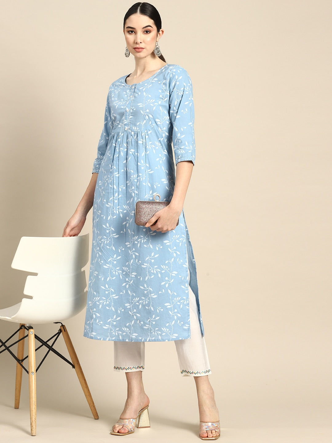NOZ2TOZ Women Blue Printed Flared Kurta With Three Quarter Sleeves - Distacart