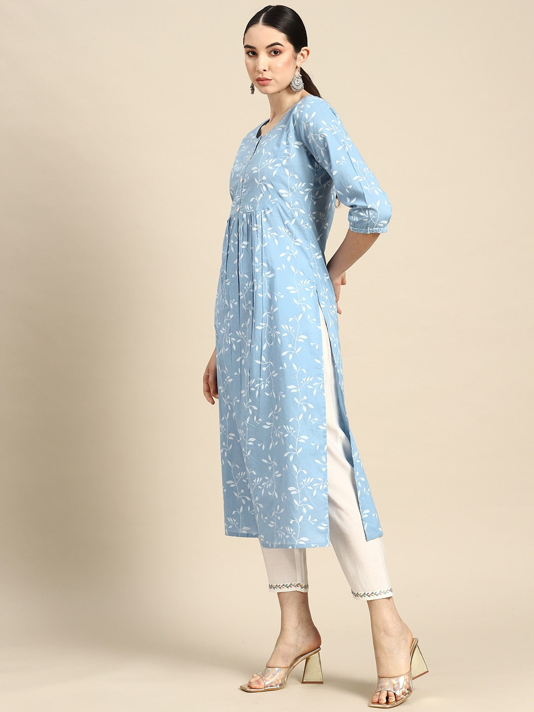 NOZ2TOZ Women Blue Printed Flared Kurta With Three Quarter Sleeves - Distacart