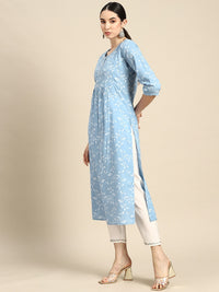 Thumbnail for NOZ2TOZ Women Blue Printed Flared Kurta With Three Quarter Sleeves - Distacart