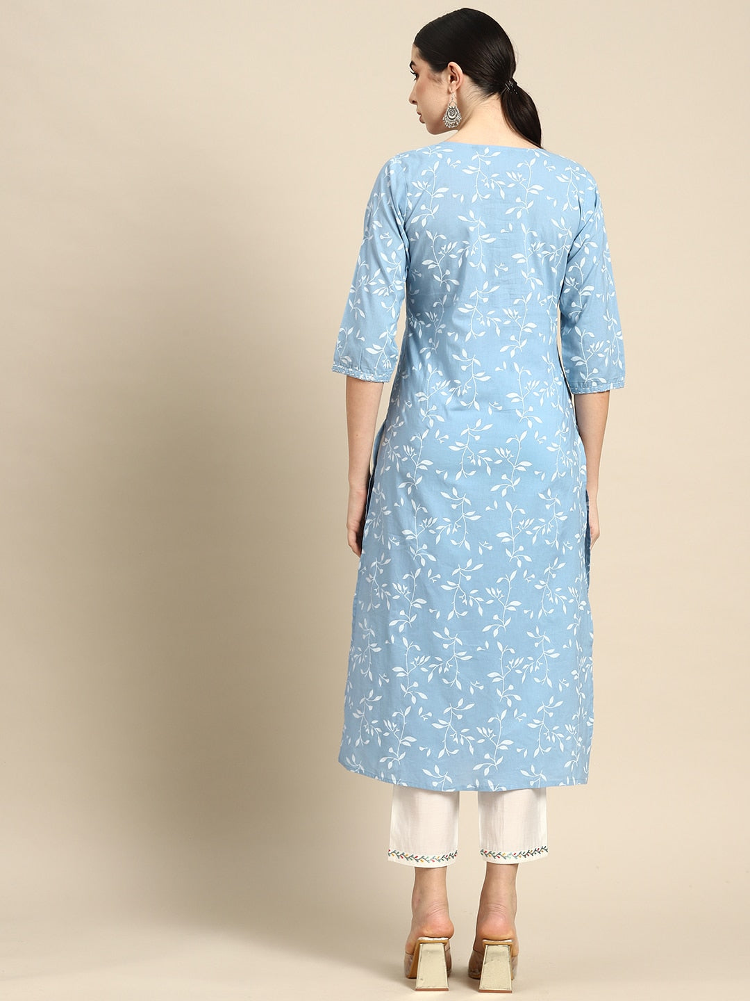NOZ2TOZ Women Blue Printed Flared Kurta With Three Quarter Sleeves - Distacart