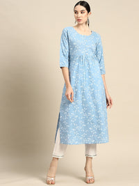Thumbnail for NOZ2TOZ Women Blue Printed Flared Kurta With Three Quarter Sleeves - Distacart