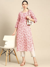 Thumbnail for NOZ2TOZ Women Pink Floral Printed Kurta With Three Quarter Sleeves - Distacart