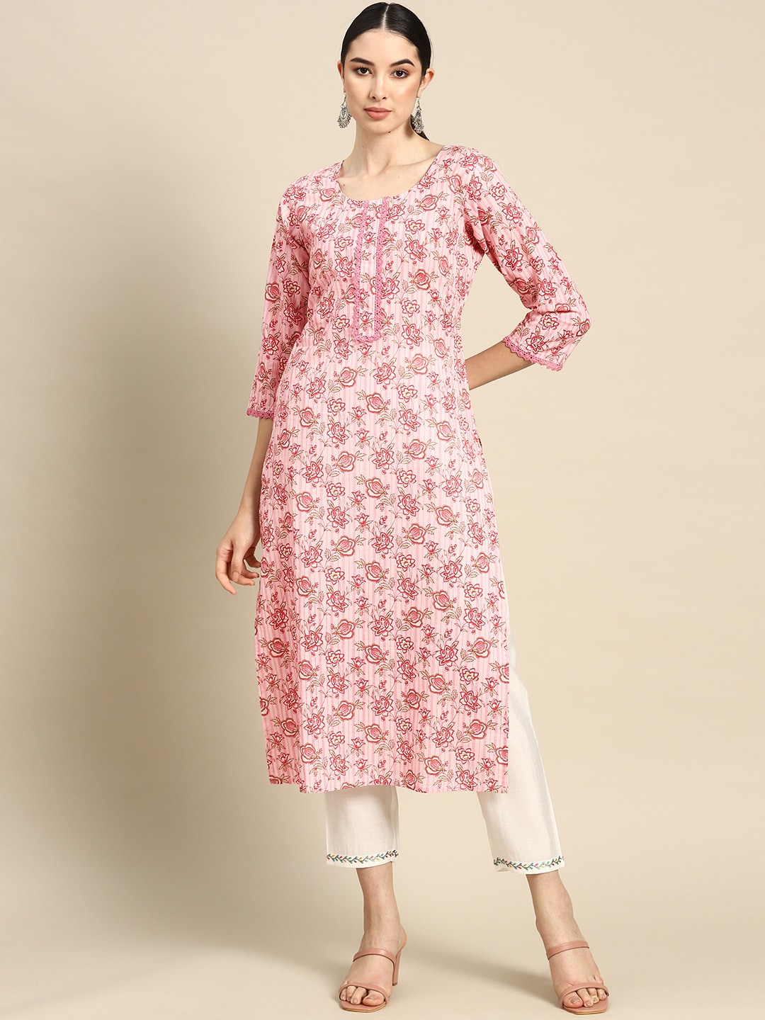 NOZ2TOZ Women Pink Floral Printed Kurta With Three Quarter Sleeves - Distacart
