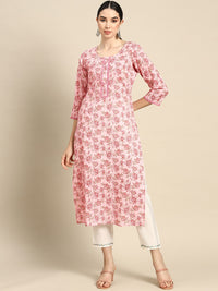 Thumbnail for NOZ2TOZ Women Pink Floral Printed Kurta With Three Quarter Sleeves - Distacart