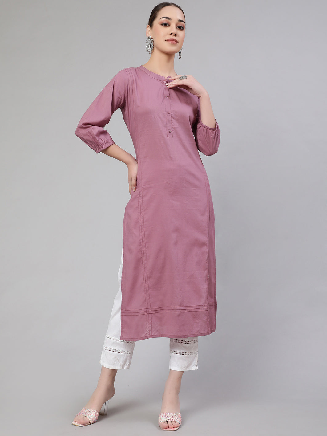 NOZ2TOZ Women Mauve Straight Kurta With Three Quarter Sleeves - Distacart