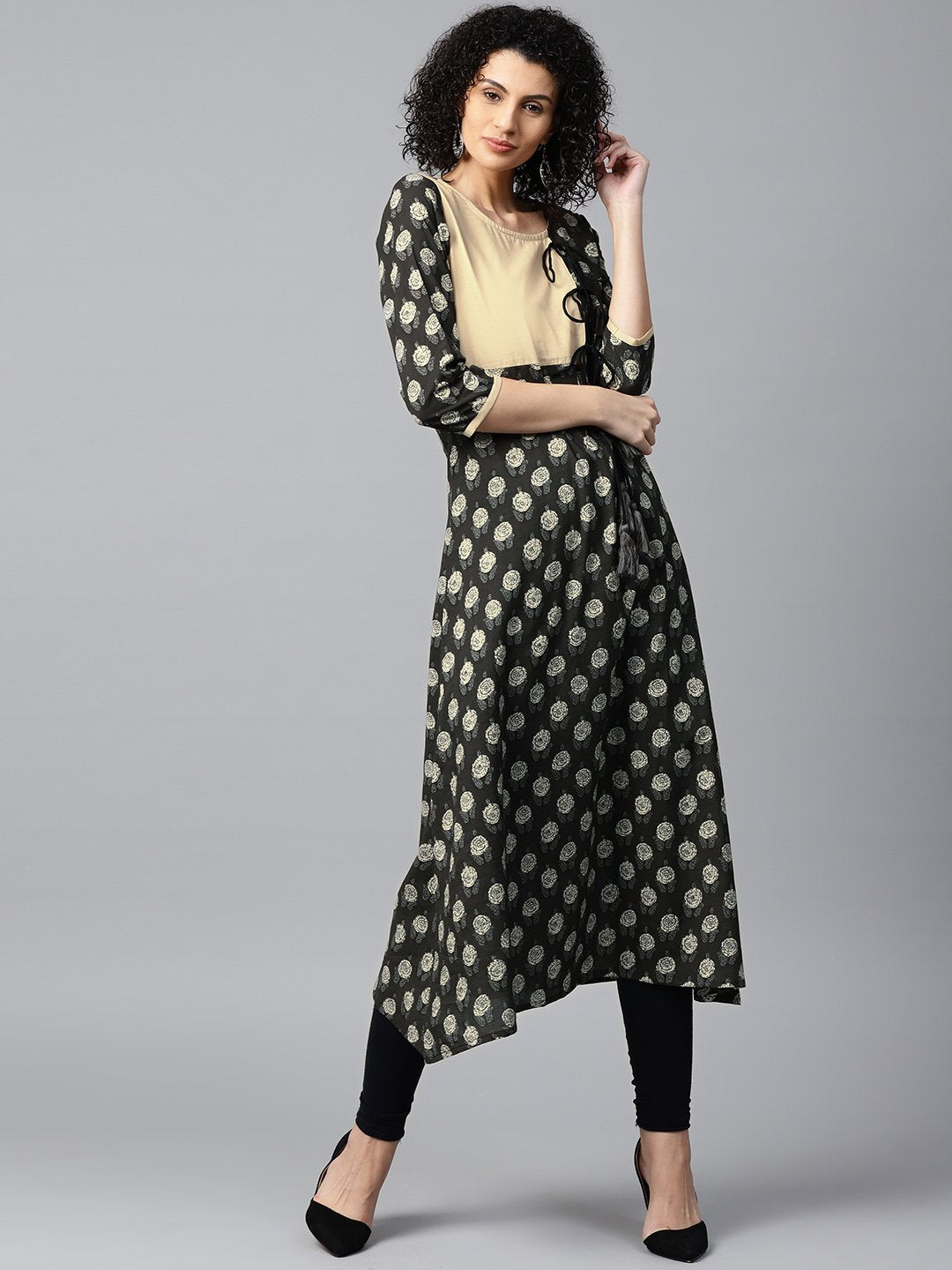 NOZ2TOZ Women Charcoal Grey & Beige Printed A-Line Kurta - Distacart