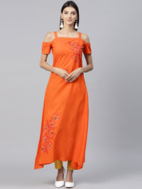 Thumbnail for NOZ2TOZ Orange Short Sleeve Cotton A-Line Kurta With Block Printed In Yoke & Border - Distacart