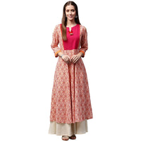 Thumbnail for NOZ2TOZ Peach Printed 3/4th Sleeve Cold Shoulder Cotton Slub Anarkali Kurta - Distacart
