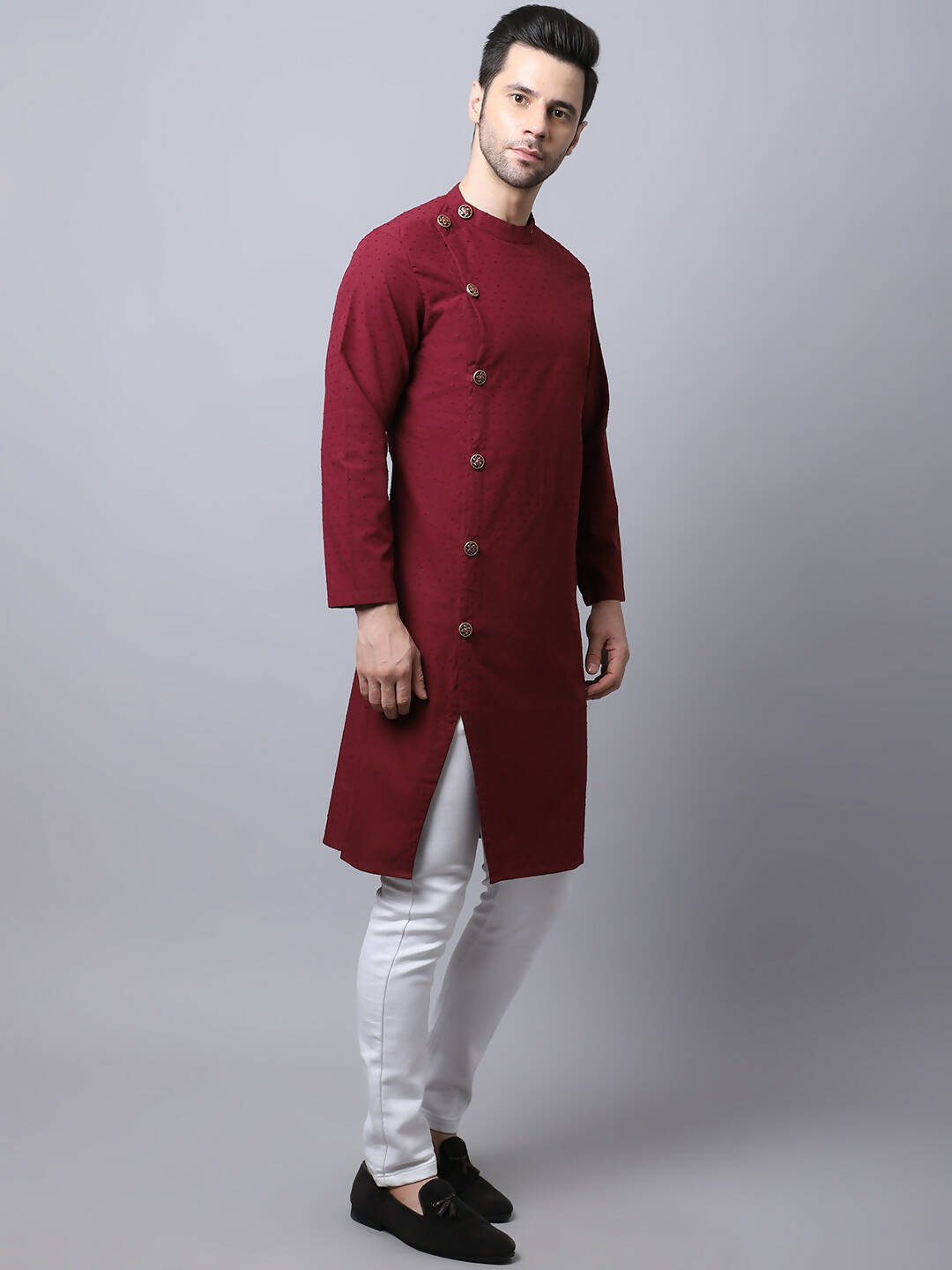 Even Apparels Maroon Pure Cotton Sherwani Kurta With Asymetrical Cut - Distacart