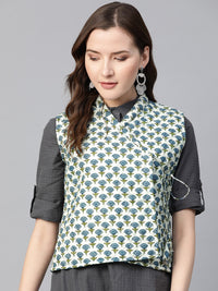Thumbnail for Women's Quilted Jacket In Printed Fabric, Has A White Lining And Mandarin Collor, Has A Angrakha Style Jacket With Tassel - Bhama - Distacart