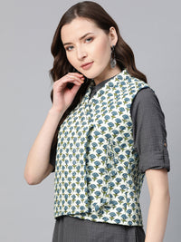 Thumbnail for Women's Quilted Jacket In Printed Fabric, Has A White Lining And Mandarin Collor, Has A Angrakha Style Jacket With Tassel - Bhama - Distacart