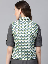 Thumbnail for Women's Quilted Jacket In Printed Fabric, Has A White Lining And Mandarin Collor, Has A Angrakha Style Jacket With Tassel - Bhama - Distacart