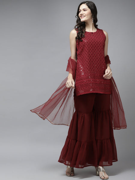 Women's Maroon Embroidered Kurta With Sharara With Dupatta - Bhama - Distacart