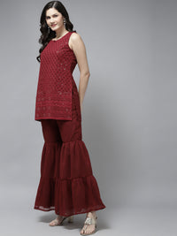 Thumbnail for Women's Maroon Embroidered Kurta With Sharara With Dupatta - Bhama - Distacart