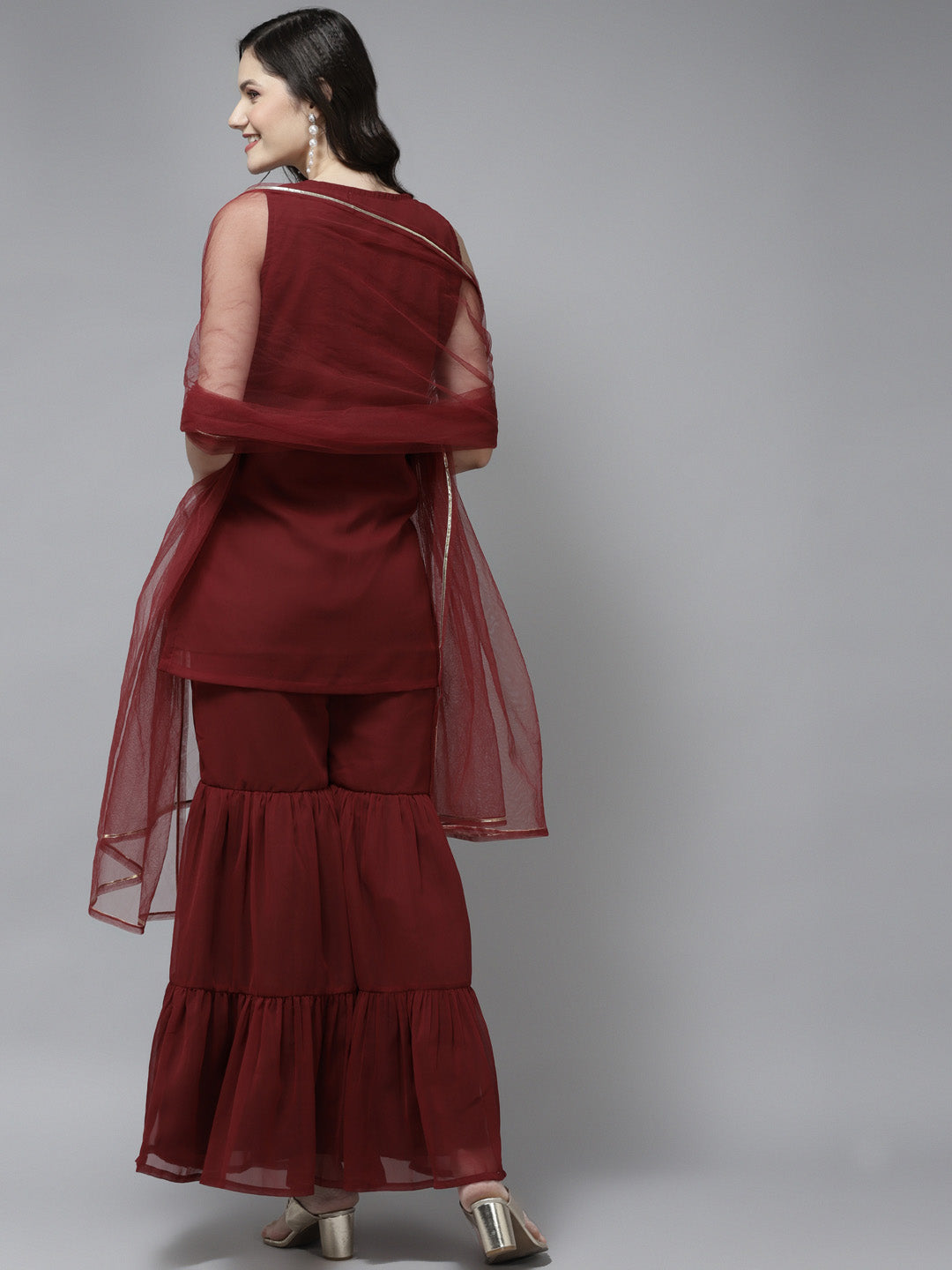 Women's Maroon Embroidered Kurta With Sharara With Dupatta - Bhama - Distacart