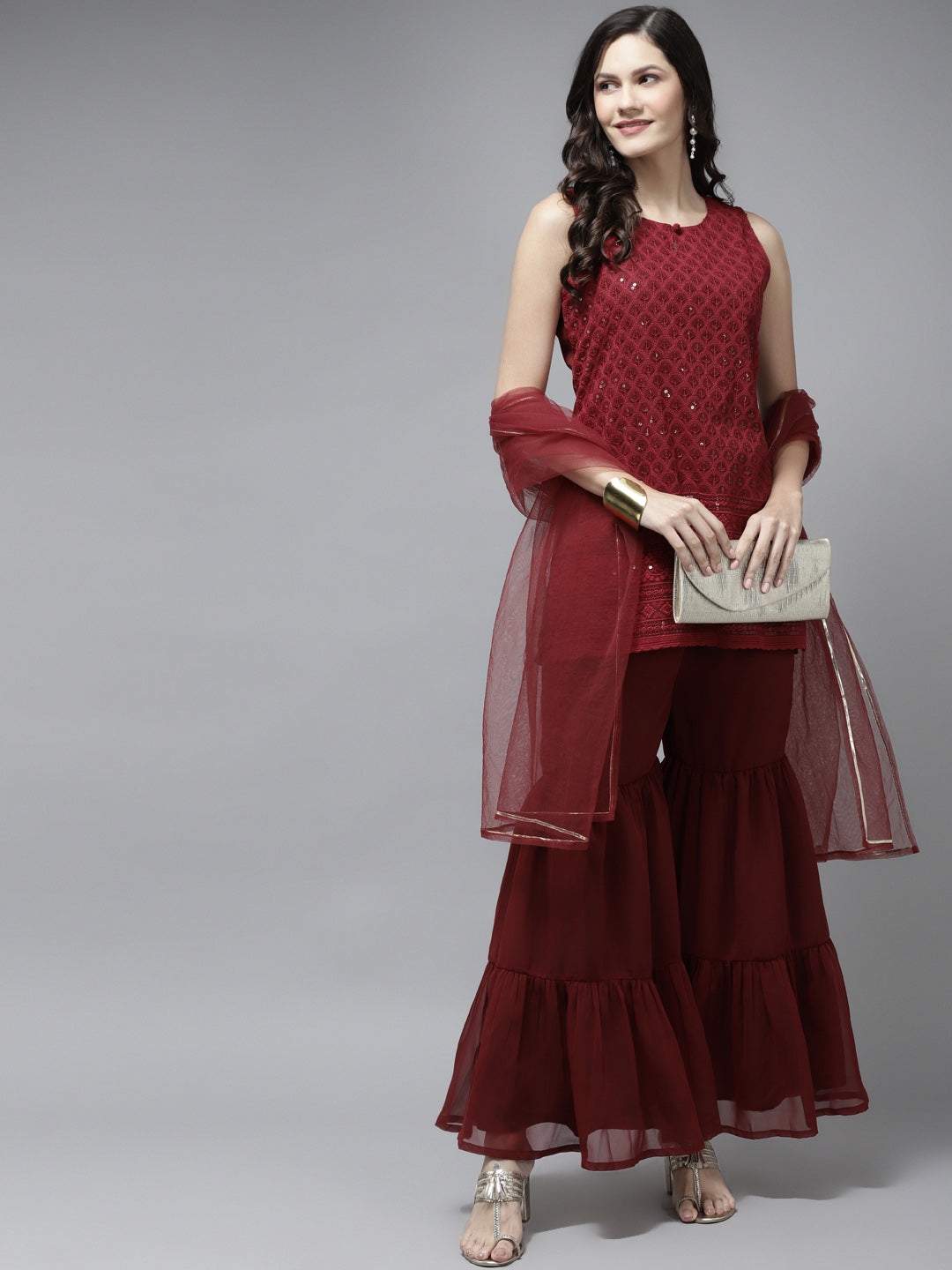 Women's Maroon Embroidered Kurta With Sharara With Dupatta - Bhama - Distacart