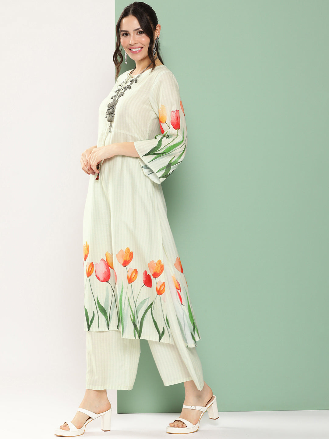 Women's Blue Tulip Print Kurta With Palazzos - Bhama - Distacart