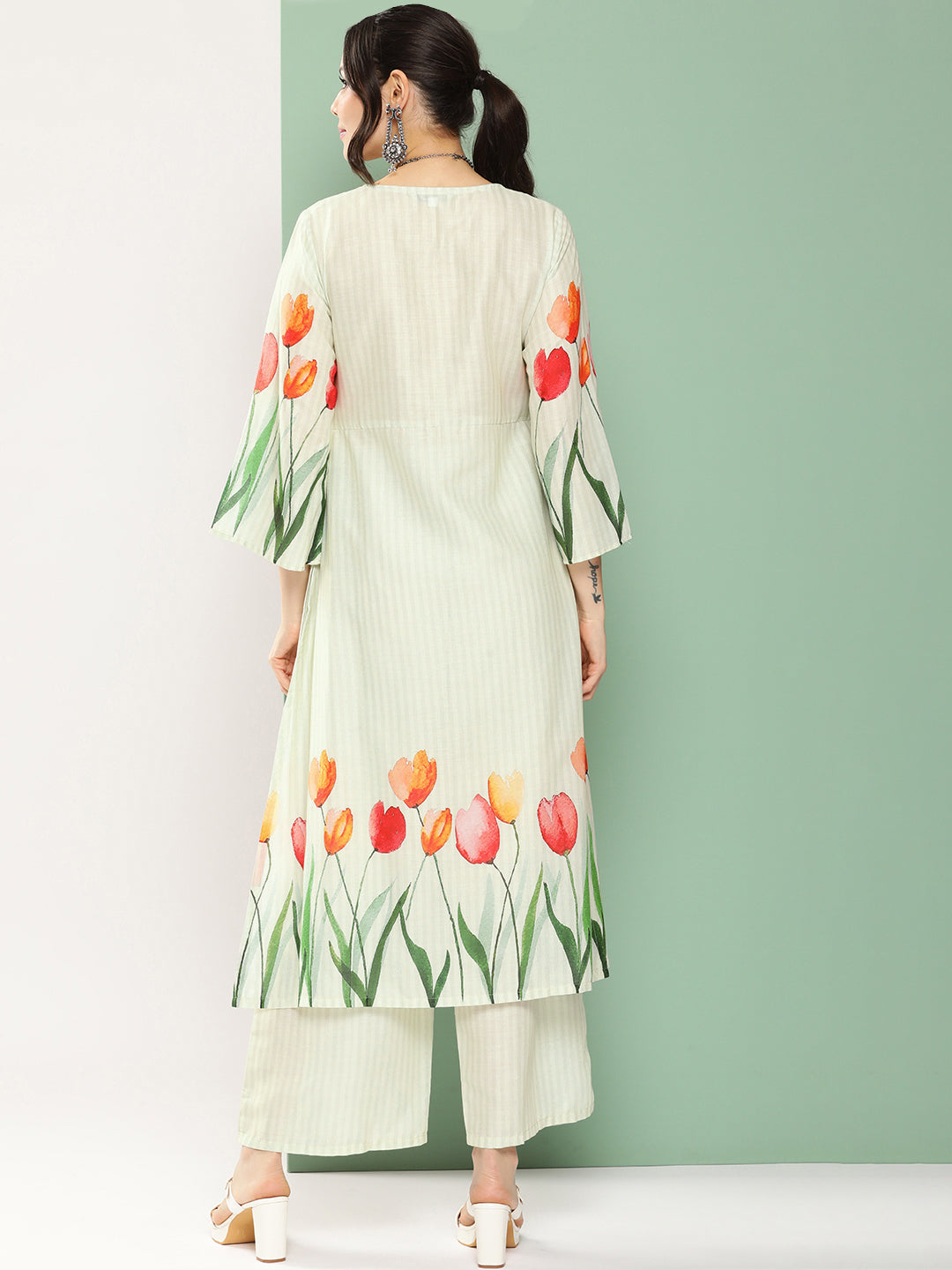 Women's Blue Tulip Print Kurta With Palazzos - Bhama - Distacart