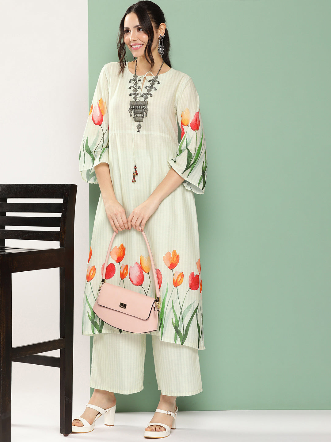 Women's Blue Tulip Print Kurta With Palazzos - Bhama - Distacart