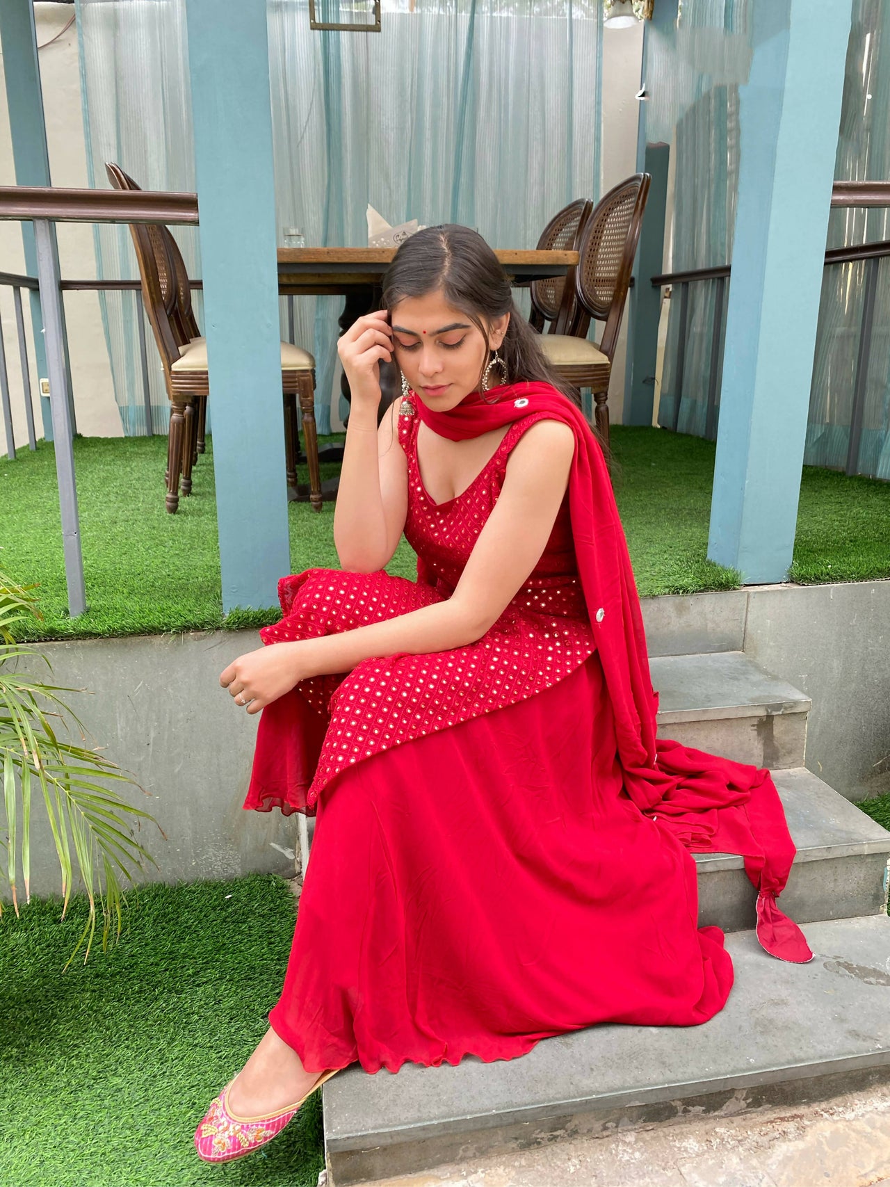 Partywear Designer Red Georgette Palazzo Suit - Anbazaar - Distacart