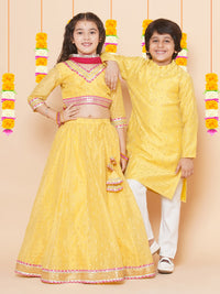 Thumbnail for Boys Yellow Self Design Booti Kurta with Pyjamas for Kids - Bhama - Distacart