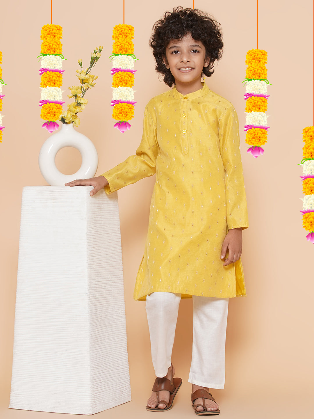 Boys Yellow Self Design Booti Kurta with Pyjamas for Kids - Bhama - Distacart