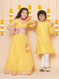 Thumbnail for Boys Yellow Self Design Booti Kurta with Pyjamas for Kids - Bhama - Distacart