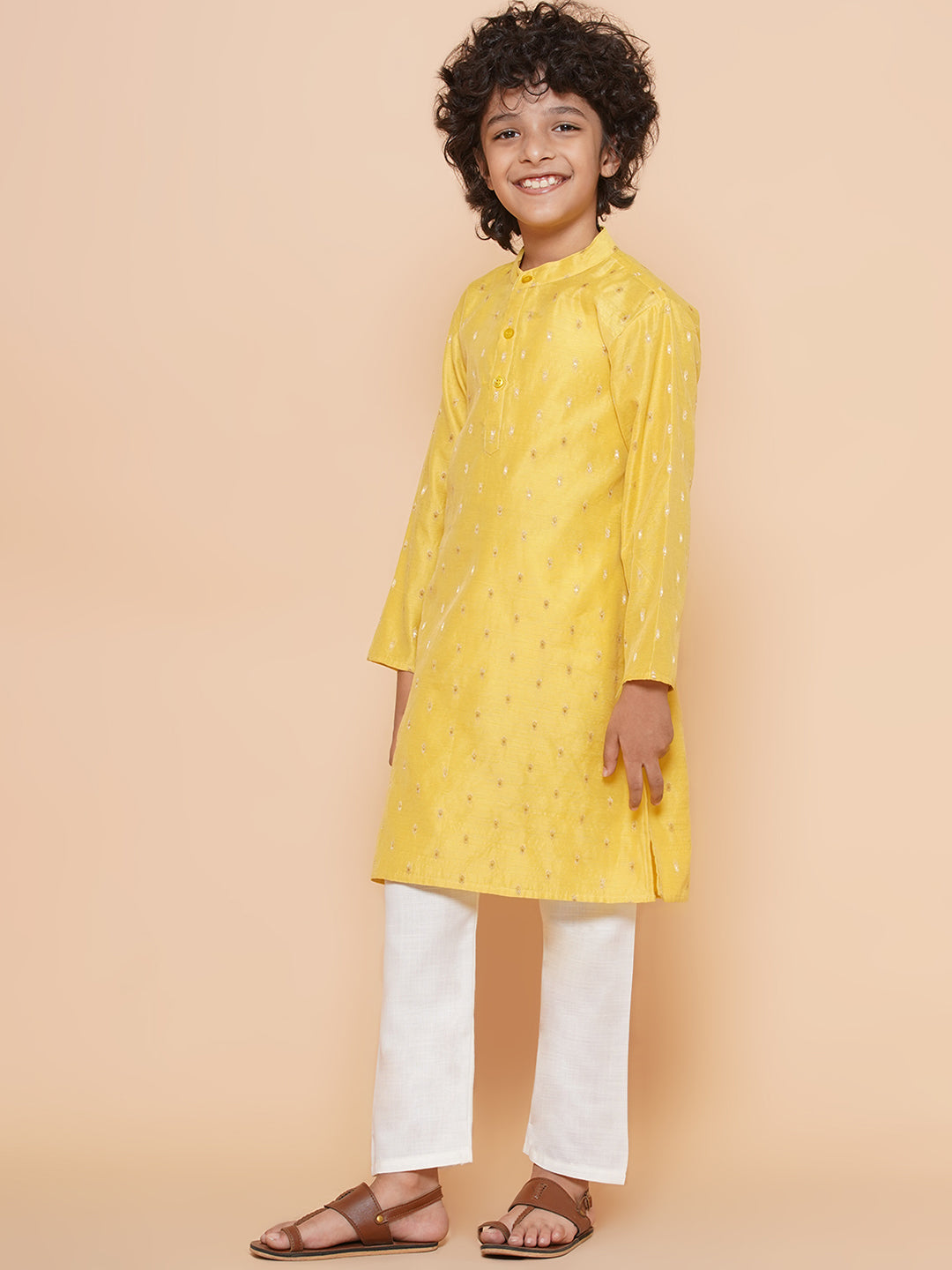 Boys Yellow Self Design Booti Kurta with Pyjamas for Kids - Bhama - Distacart