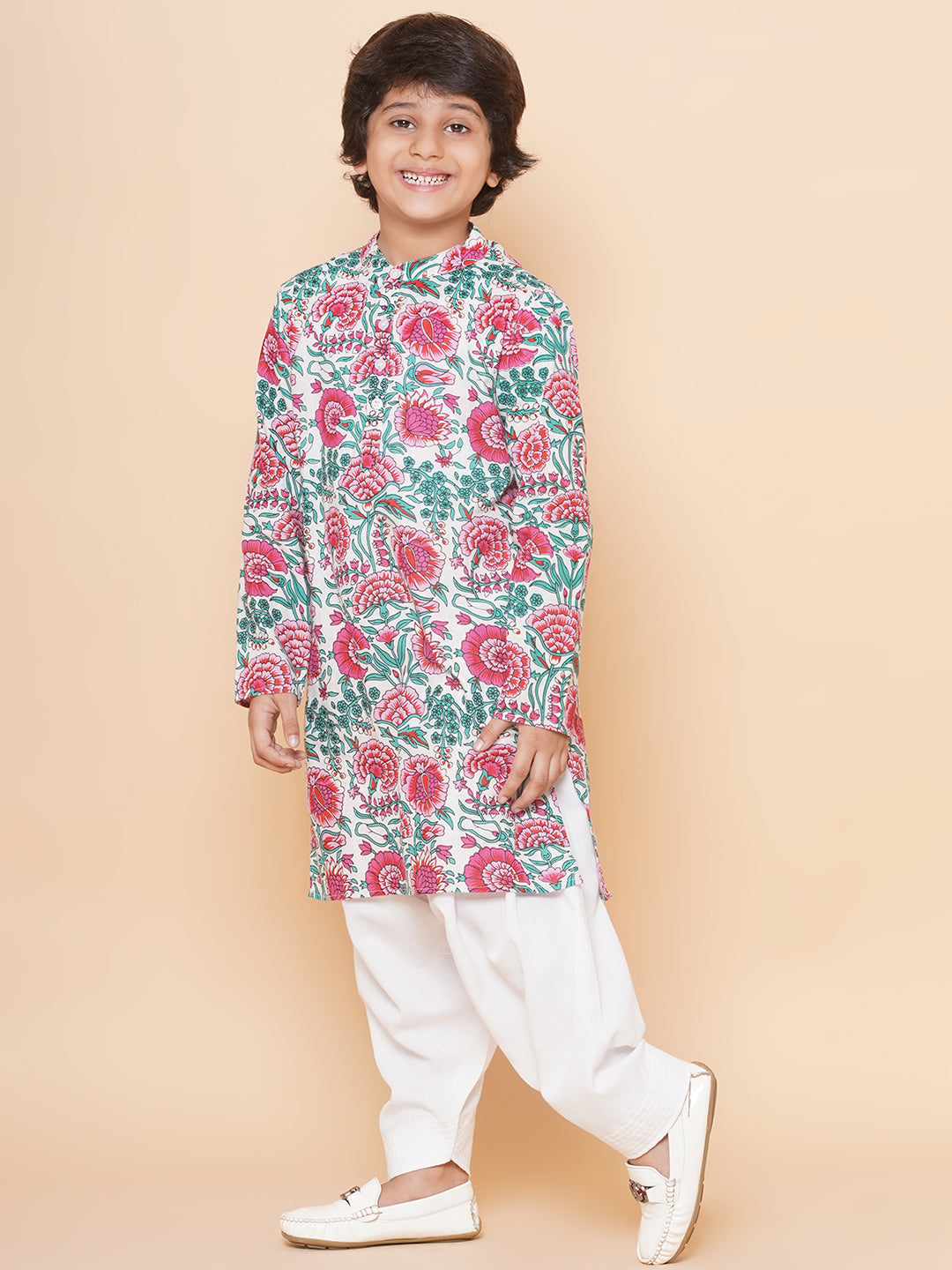 Boys Off White & Pink Printed Kurta with Salwar for Kids - Bhama - Distacart
